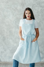 Japanese style linen apron, back view