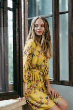 Floral kimono dressing gown in satin, styled on model