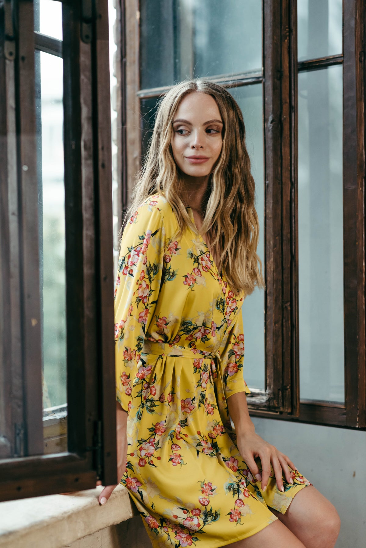 Floral kimono dressing gown in satin, styled on model