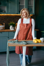 Linen cross back pinafore apron, styled