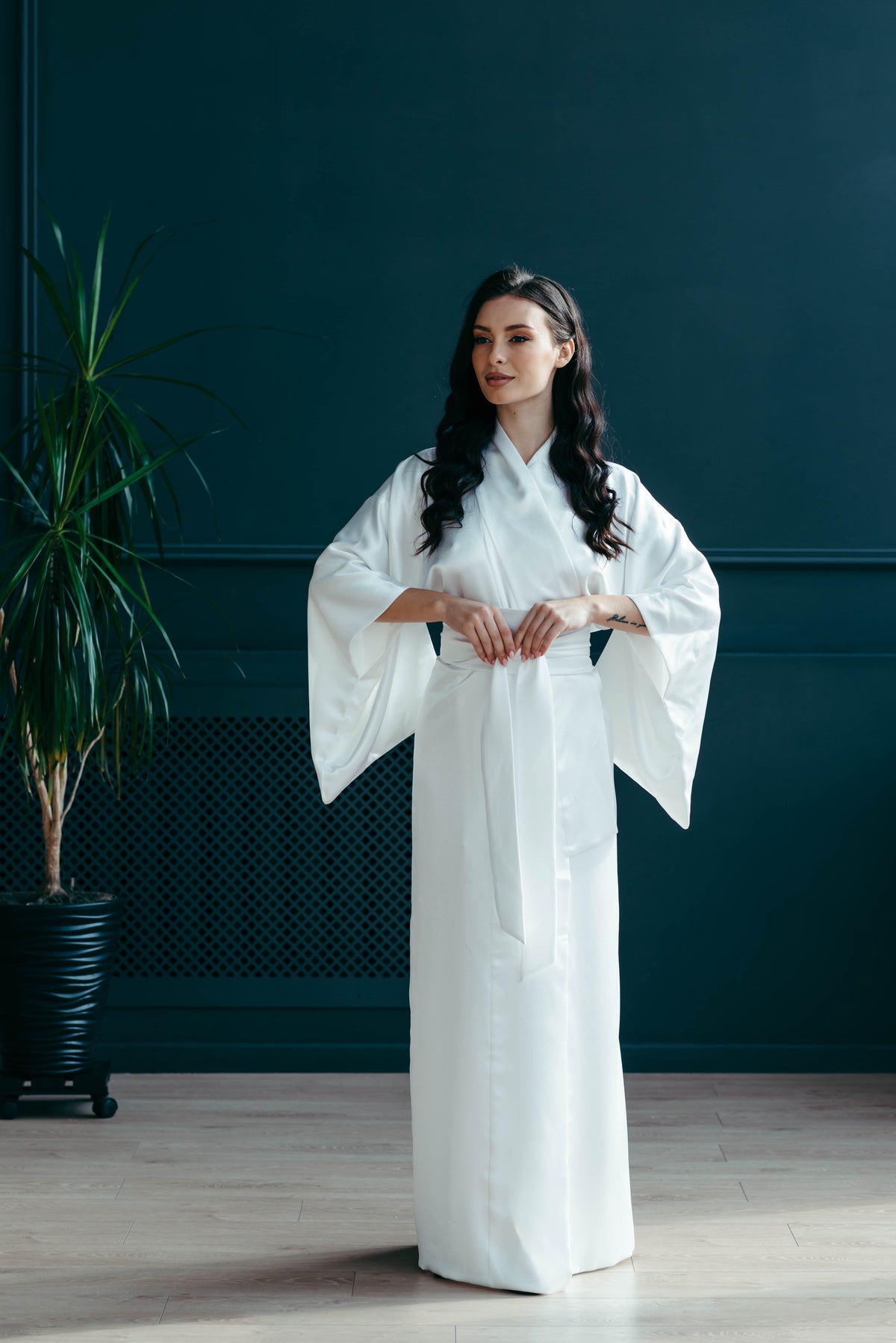 White satin Japanese kimono, front view