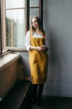 Japanese linen smock apron for women, front view