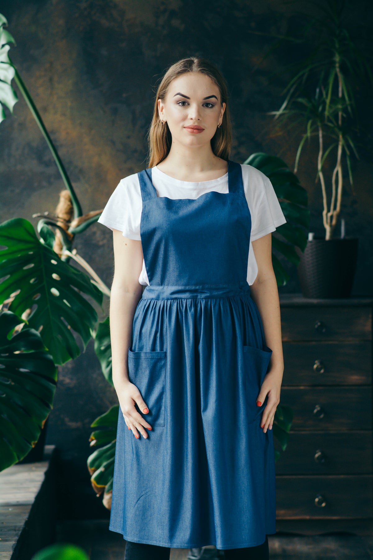 Denim pinafore apron dress, cross back, front view