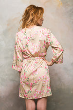 Floral satin robe, satin drape detail