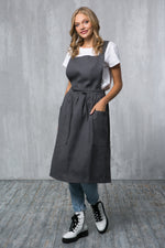 Grey linen pinafore apron with pockets