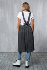 Grey linen apron, full length view
