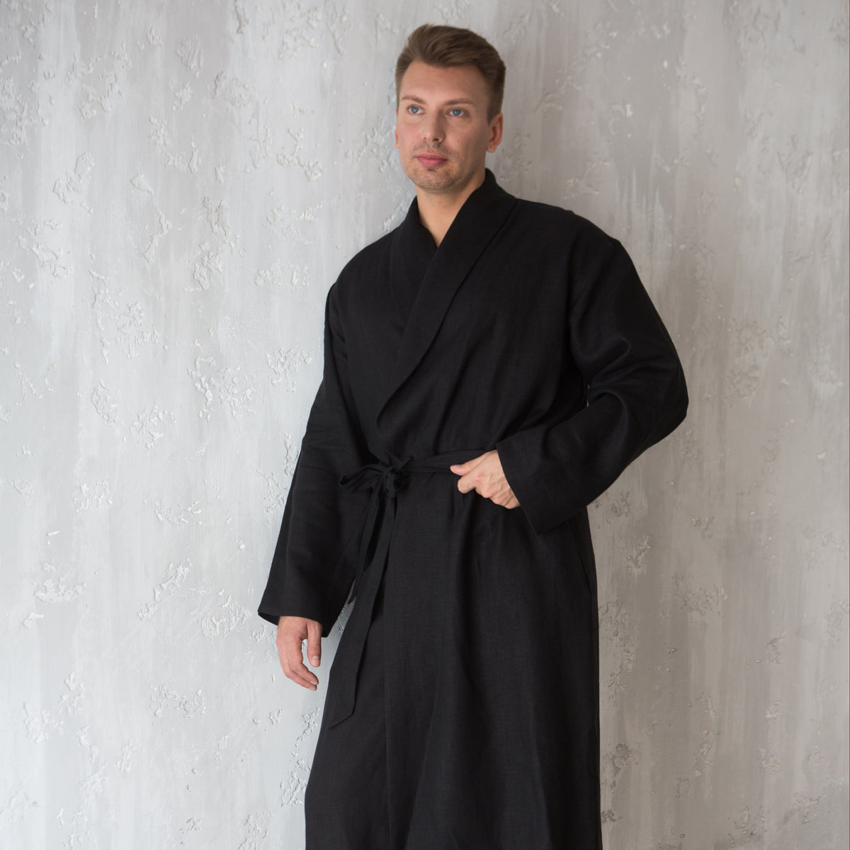 Men model wearing a natural linen robe in black colour