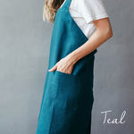 Women's linen pinafore apron in teal