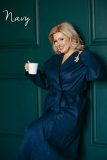 Plus size linen robe for women in navy blue
