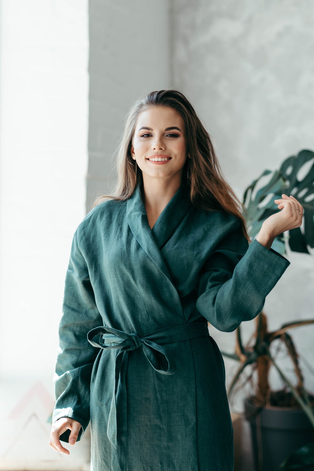 Linen robe for women in green forest