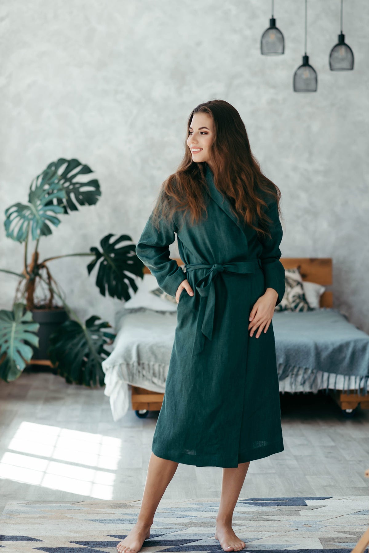 Green linen bathrobe for women