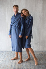 Matching linen robes for couples in blue
