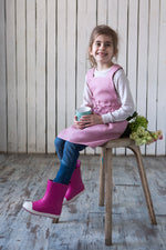 Antique rose linen apron, full length view