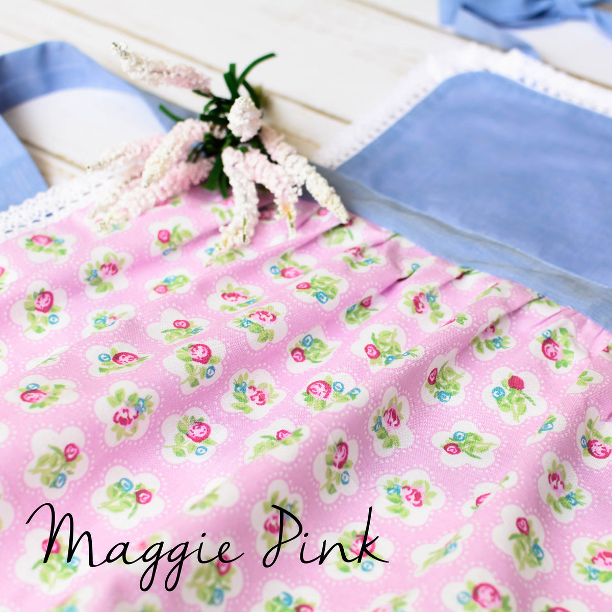 Maggie Pink kids lace apron, cupcake print