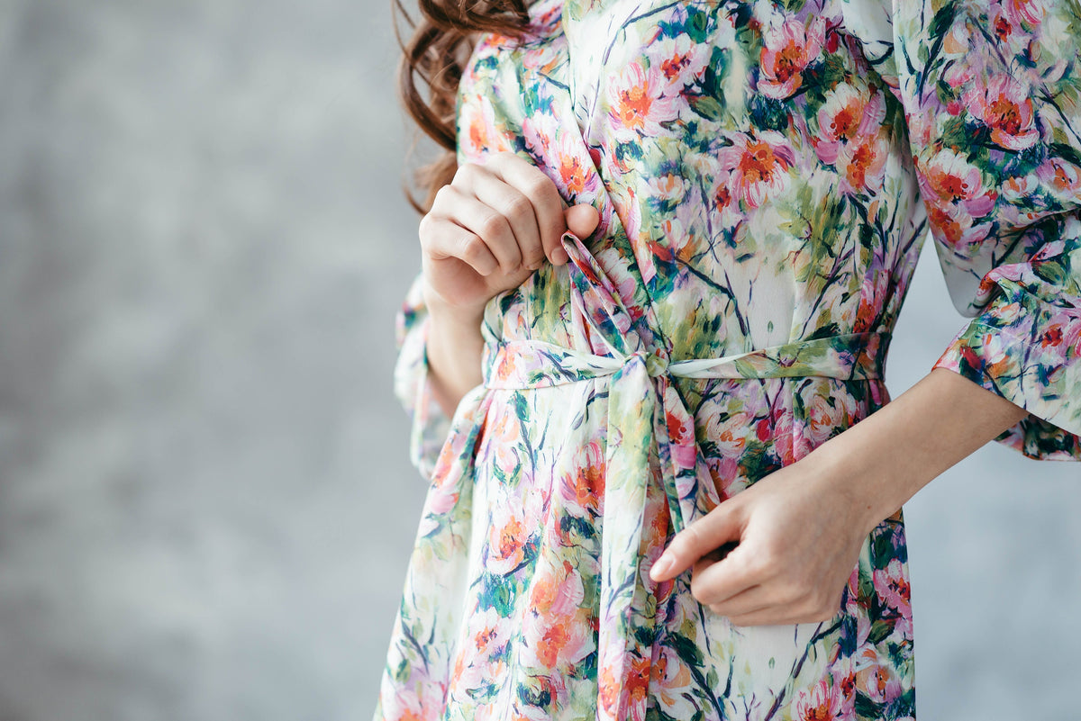 Printed crepe robe, full length view on model