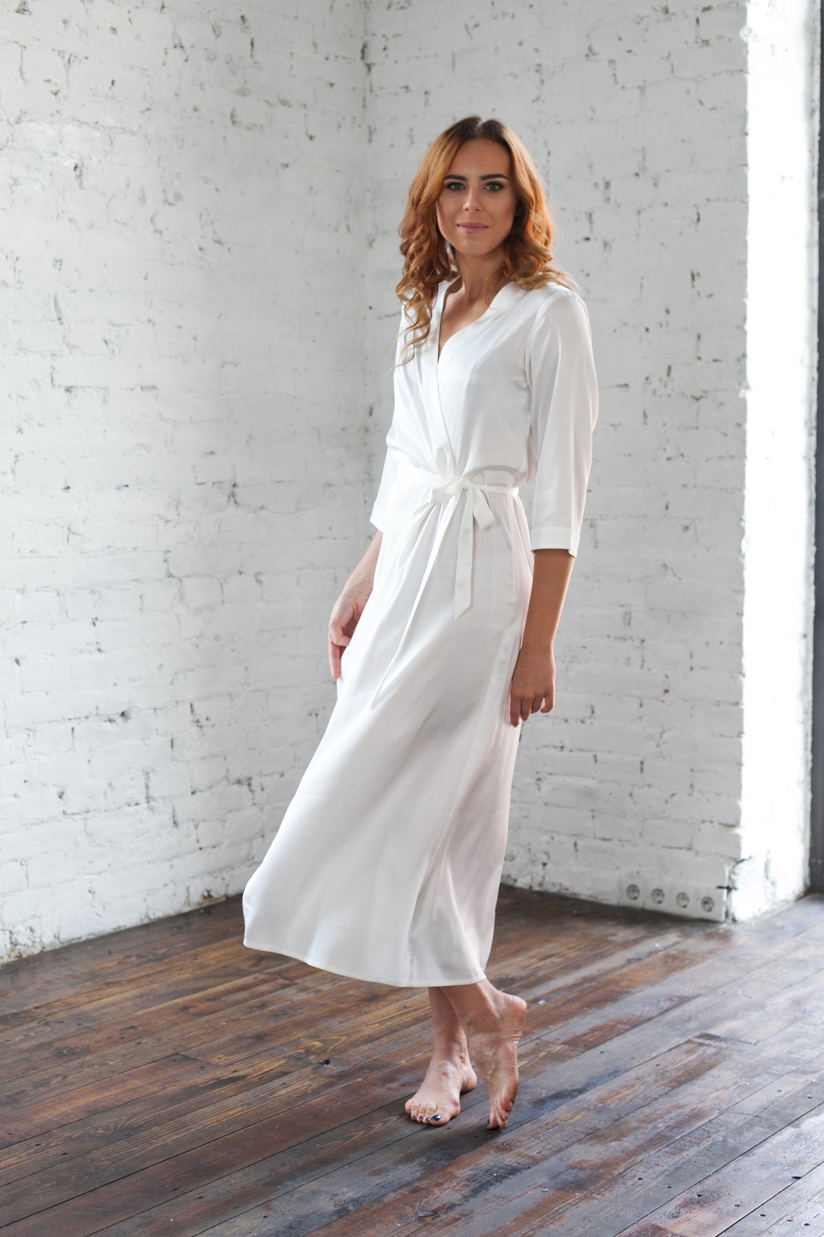 Ivory bridal satin robe, sleeve and cuff detail