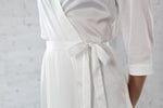 White bridal satin robe in long length, full length view