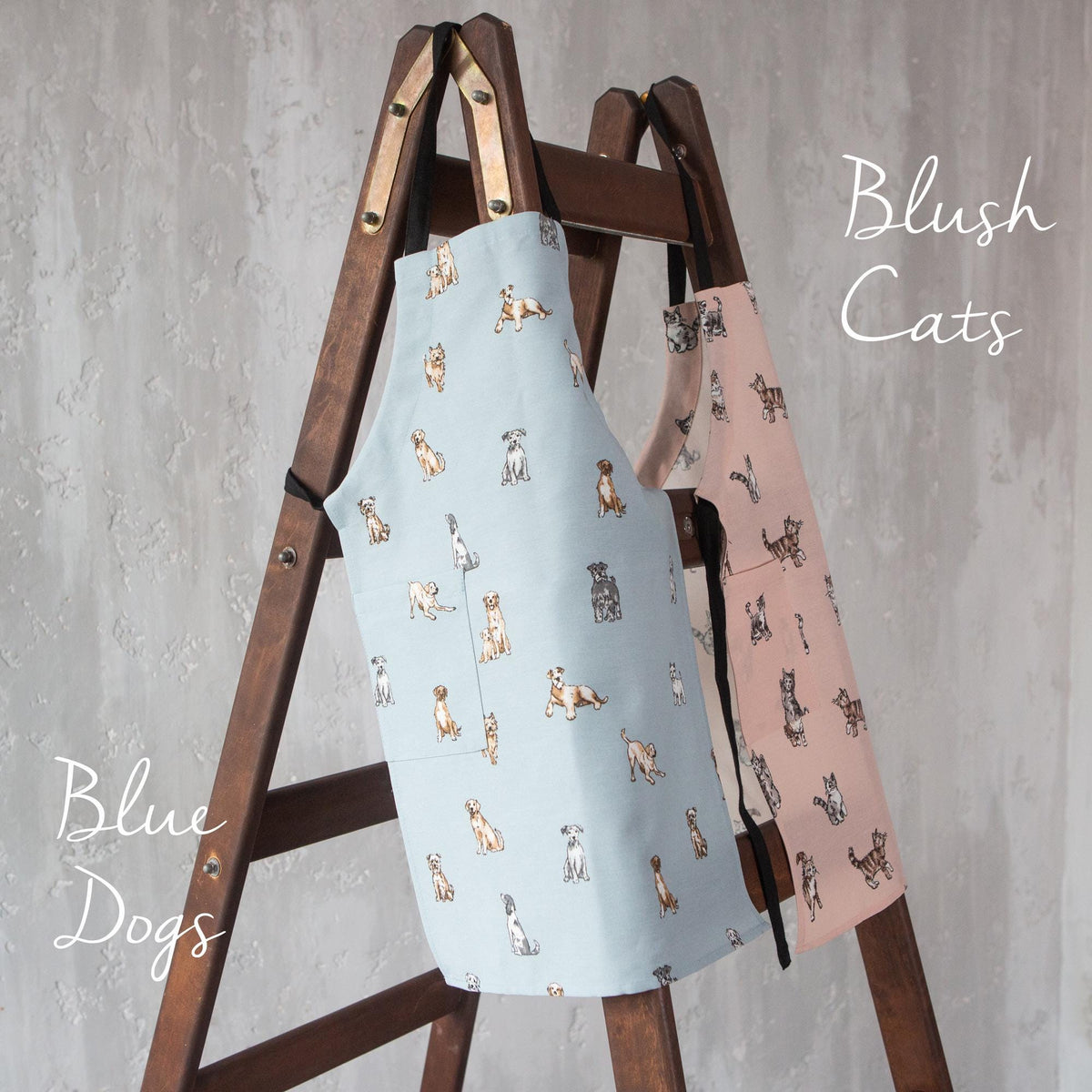 Cat print apron in adult size, full view