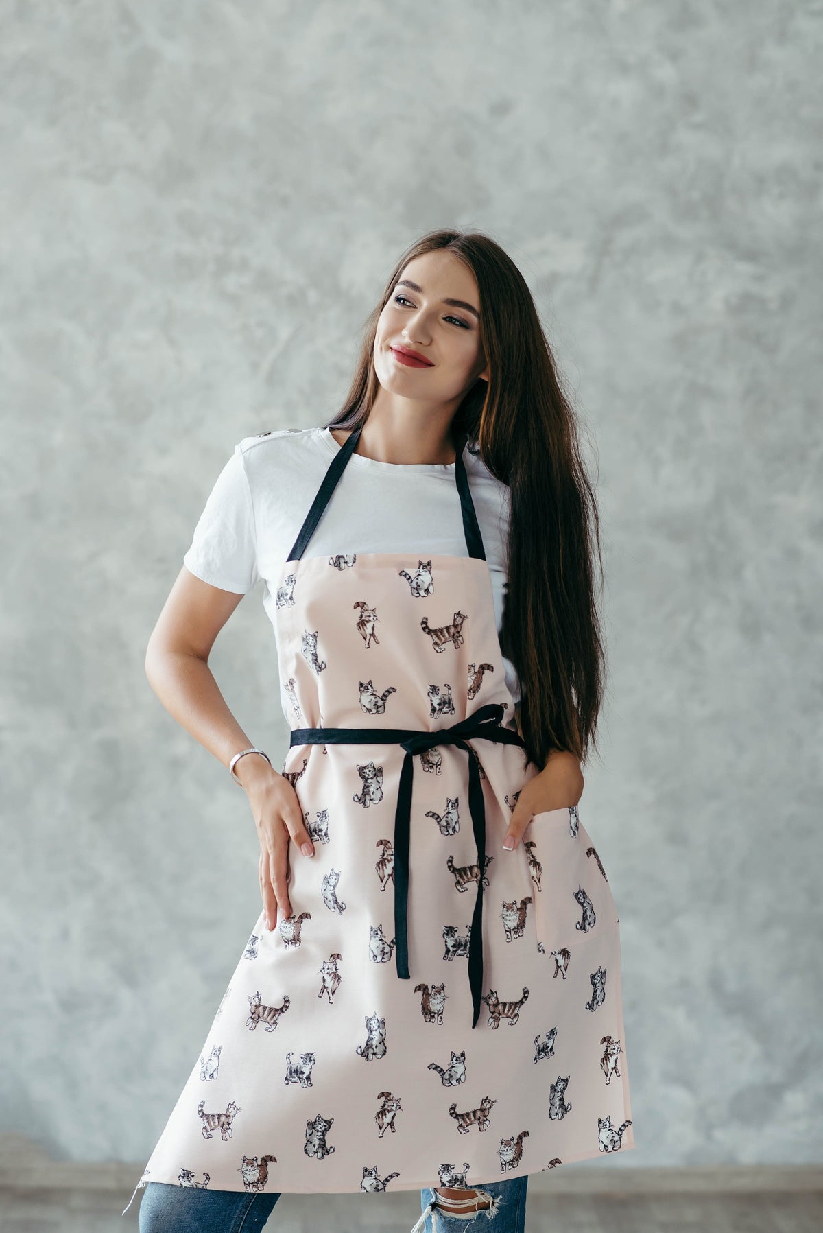 Cat print aprons in blush and linen colourways
