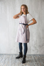Lilac dandelion print cotton apron, front view