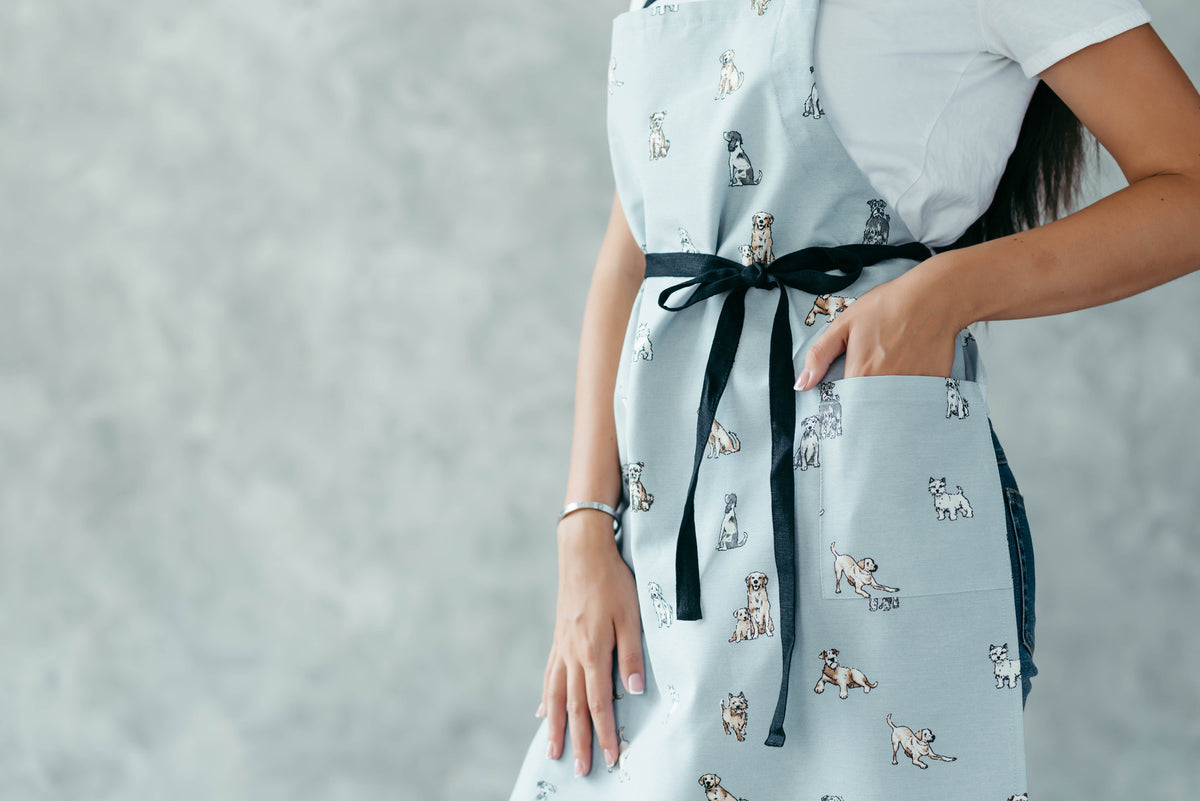 Dog print kids apron, full length view