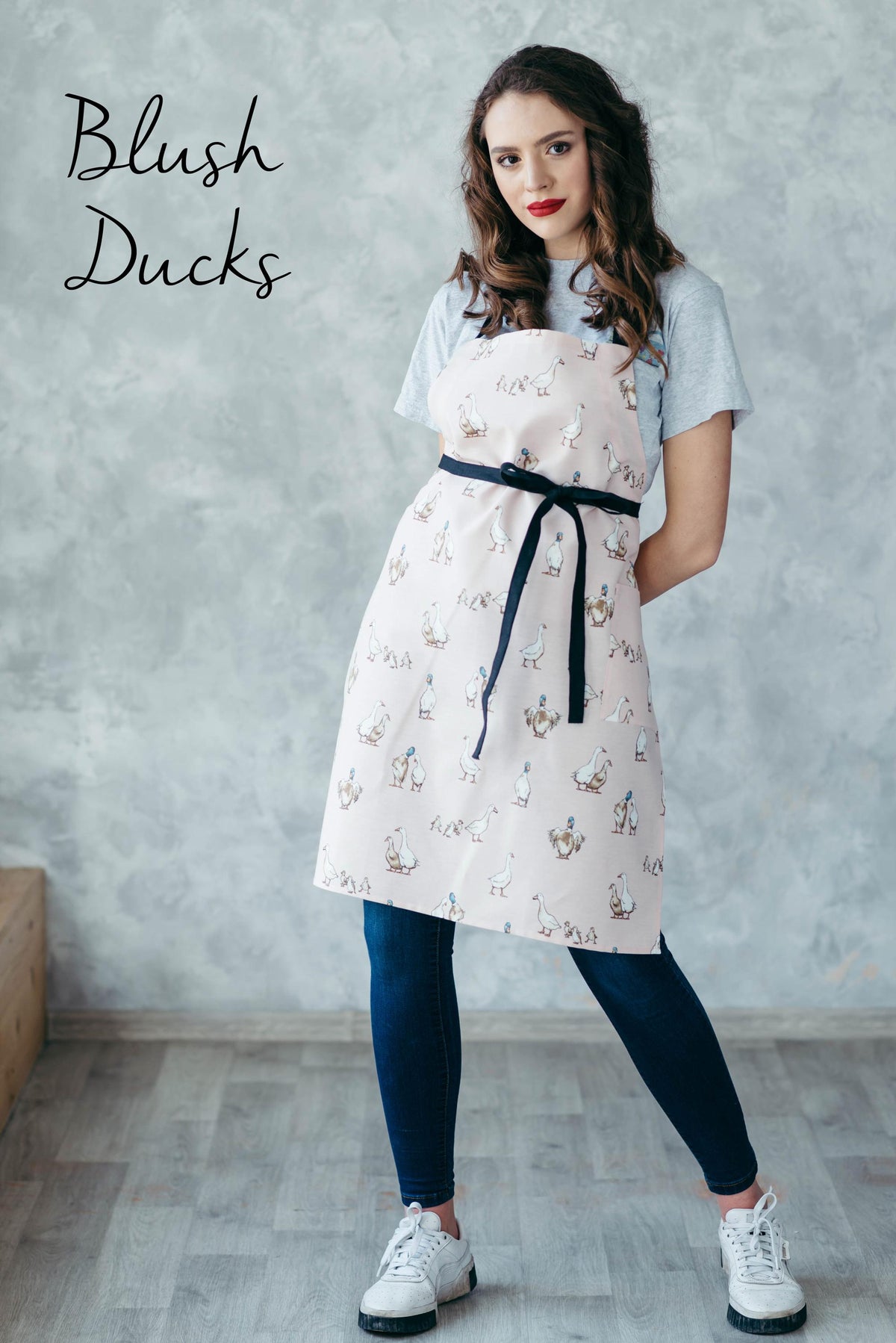 Duck print kids apron in teal, adult size