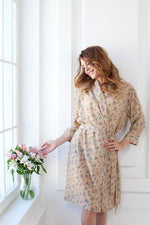 Floral chiffon robe in sand with light blue trim, front view