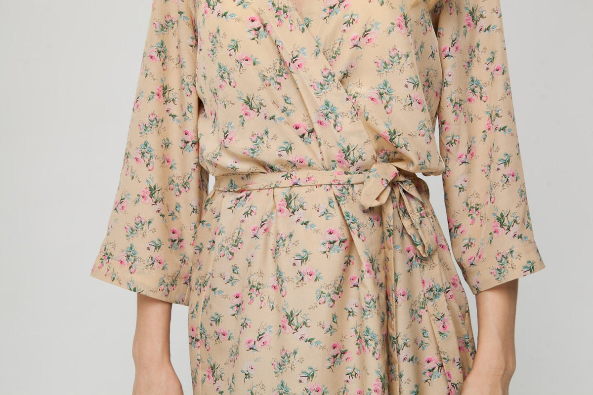 Floral chiffon kimono robe, wrap front and belt detail