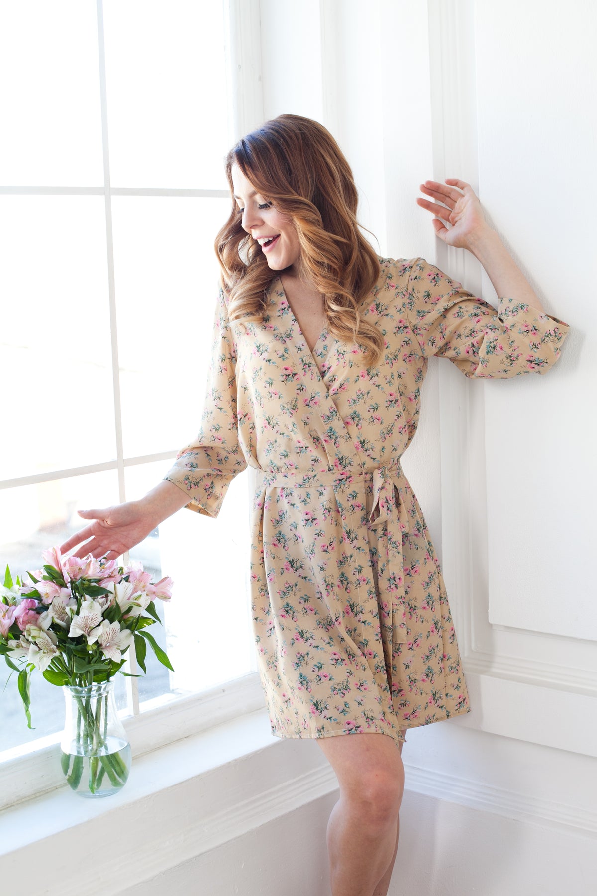 Floral chiffon kimono robe, styled on model