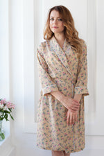 Long floral chiffon robe with lapels, styled on model