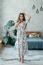 Peach floral satin robe in ankle length, front view