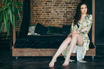 Pink floral satin robe in ankle length, kimono wrap style