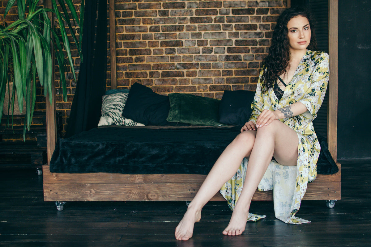 Pink floral satin robe in ankle length, kimono wrap style