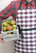Purple check apron, full length view