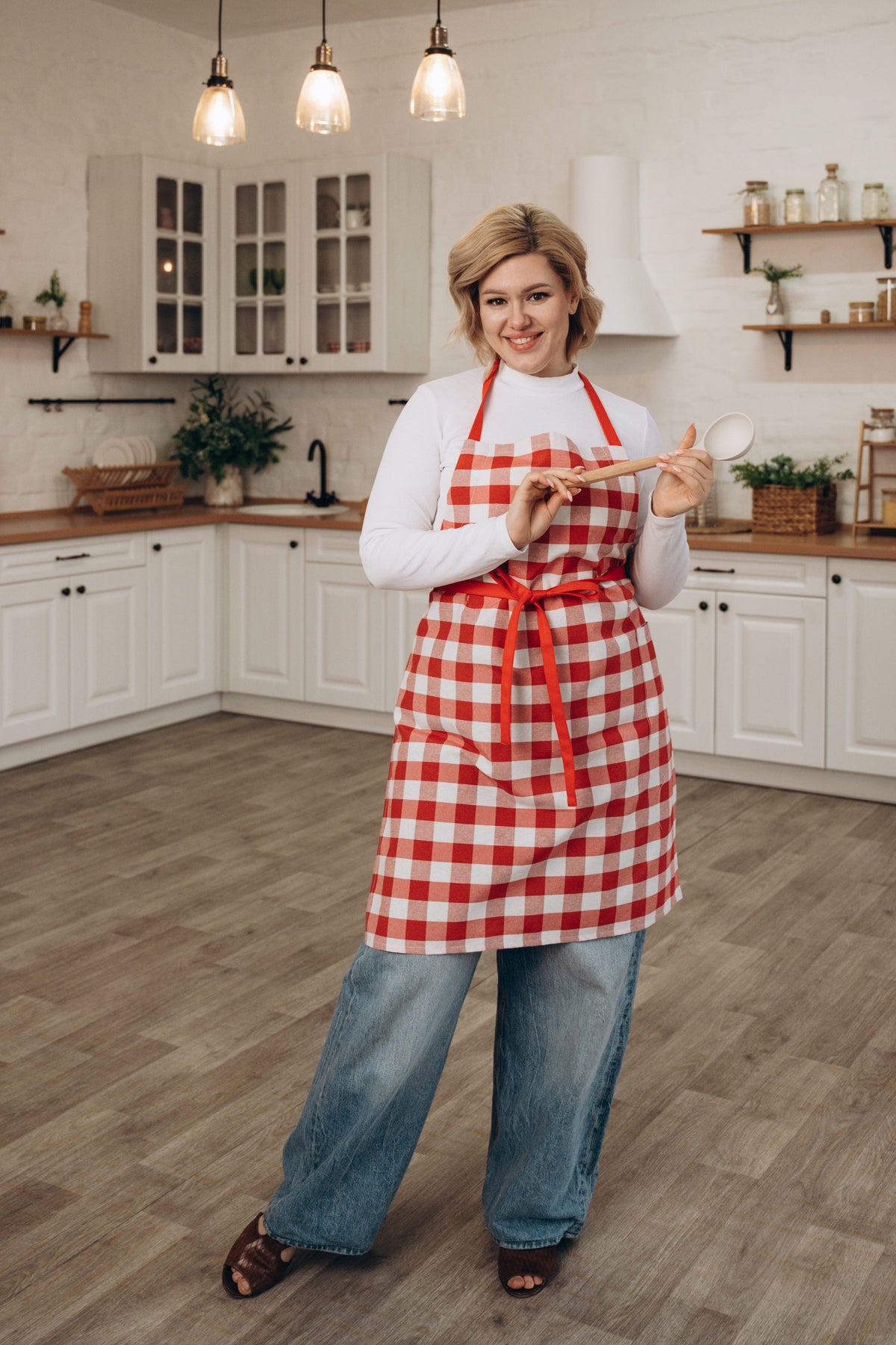 Red tartan check apron, chef style