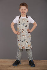 Grey dog print kids apron, full length view