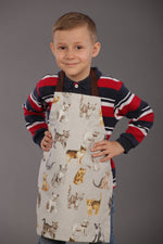 Cat and dog print apron, adjustable linen strap detail