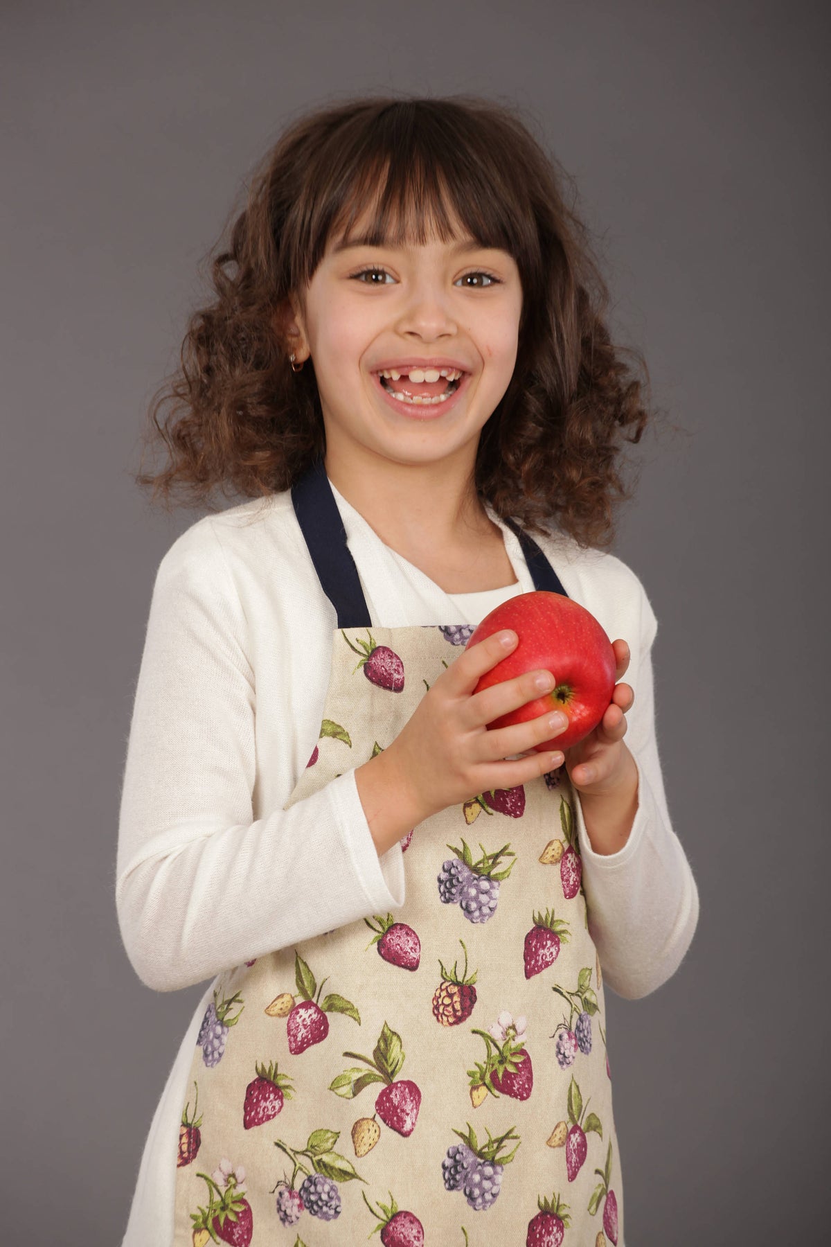 Duck egg strawberry print apron in a kids size