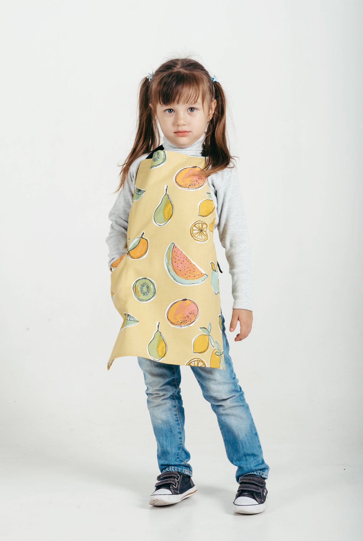 Childrens chef apron in printed canvas, full length