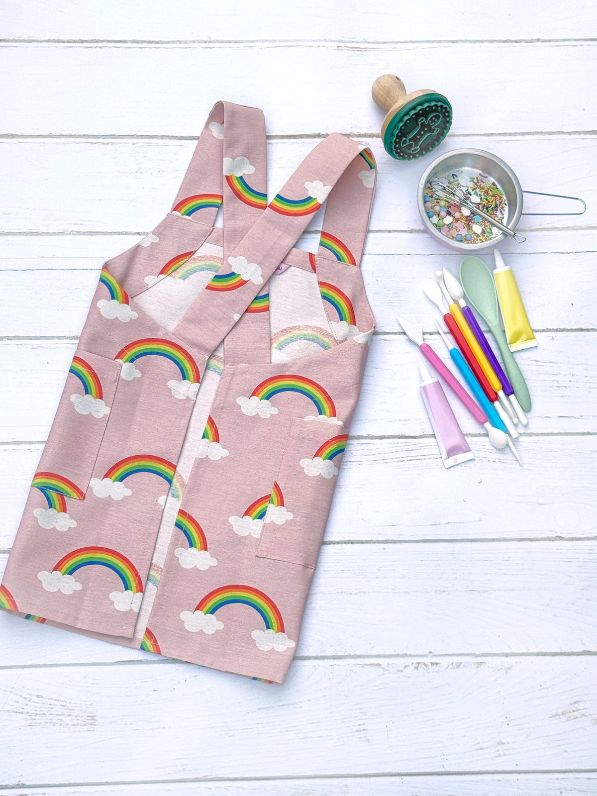 Pink rainbow apron for girls, front view