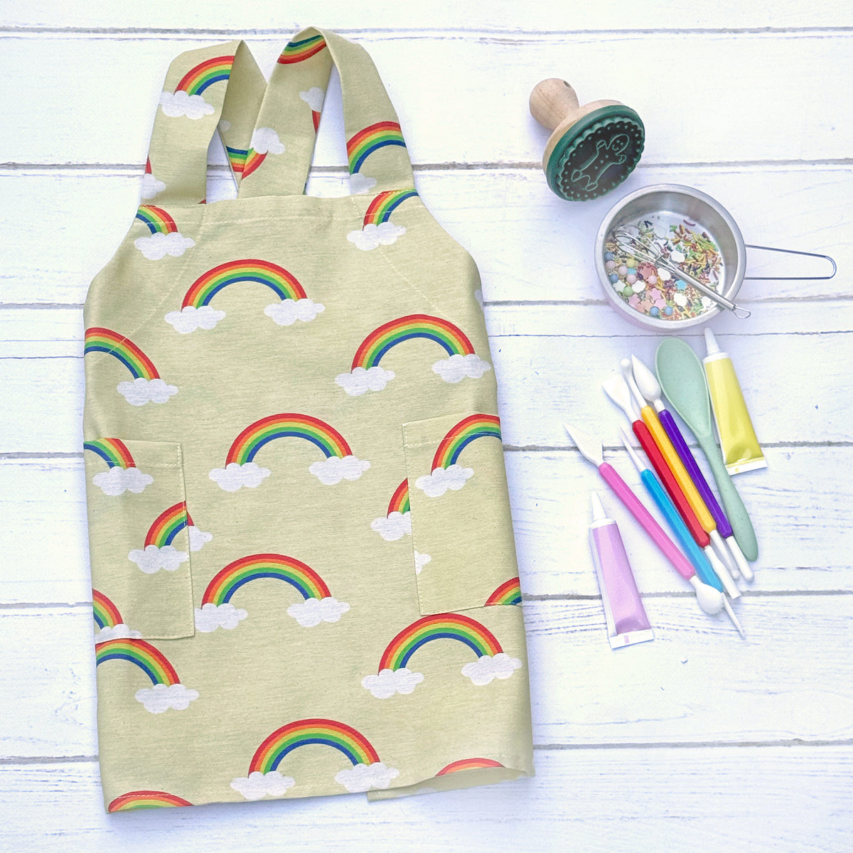 Yellow rainbow kids apron, cross back pinafore
