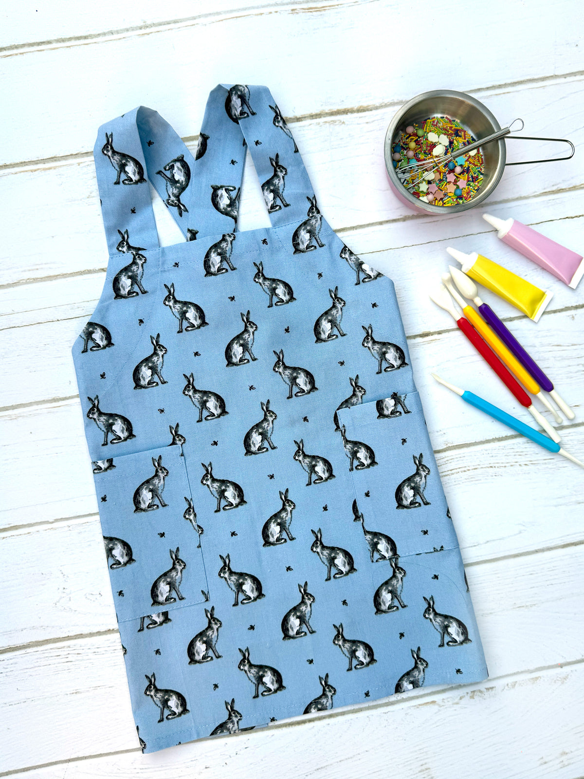 Blue hare cross back apron for kids
