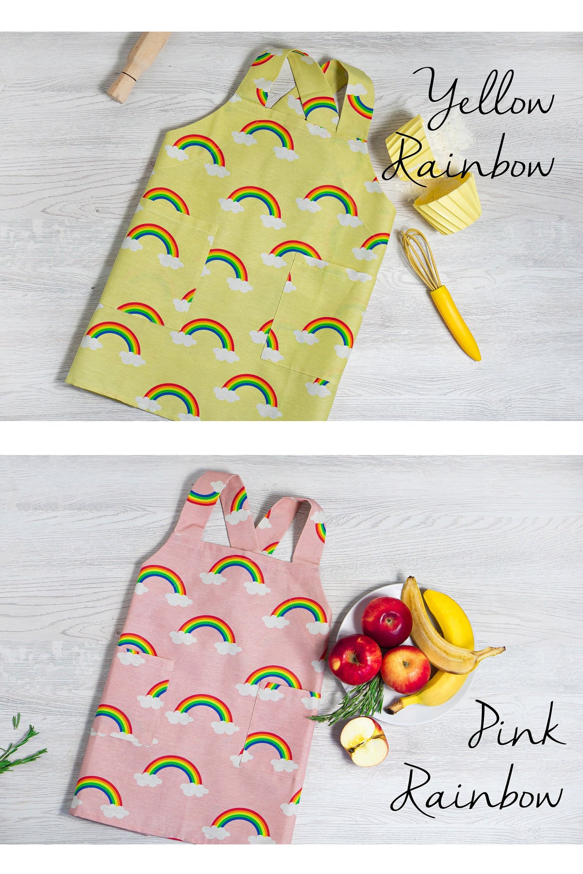 Kids pinafore aprons in several prints, cross back style