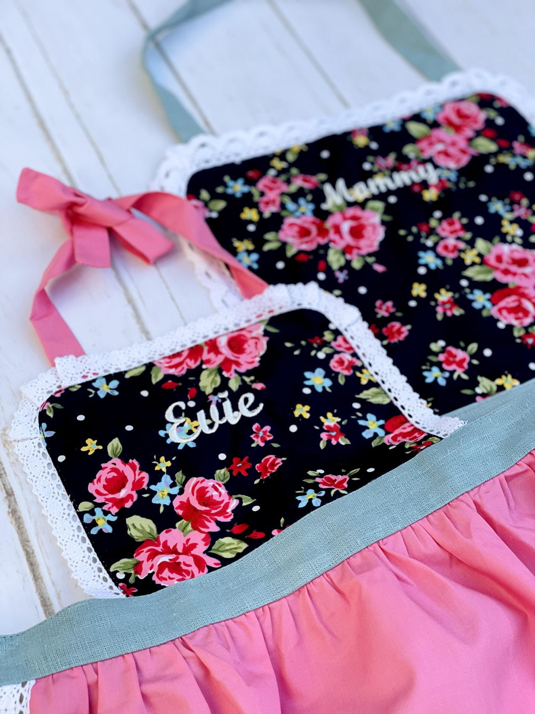 Burgundy lace apron for girls, gathered skirt