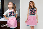 Red lace apron, lace trim detail