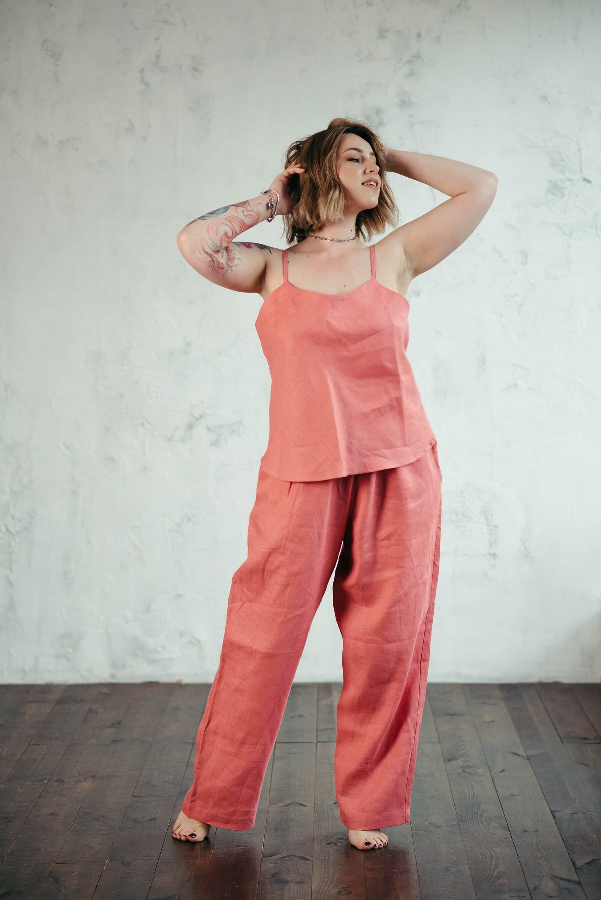 Linen pyjamas styled as everyday loungewear