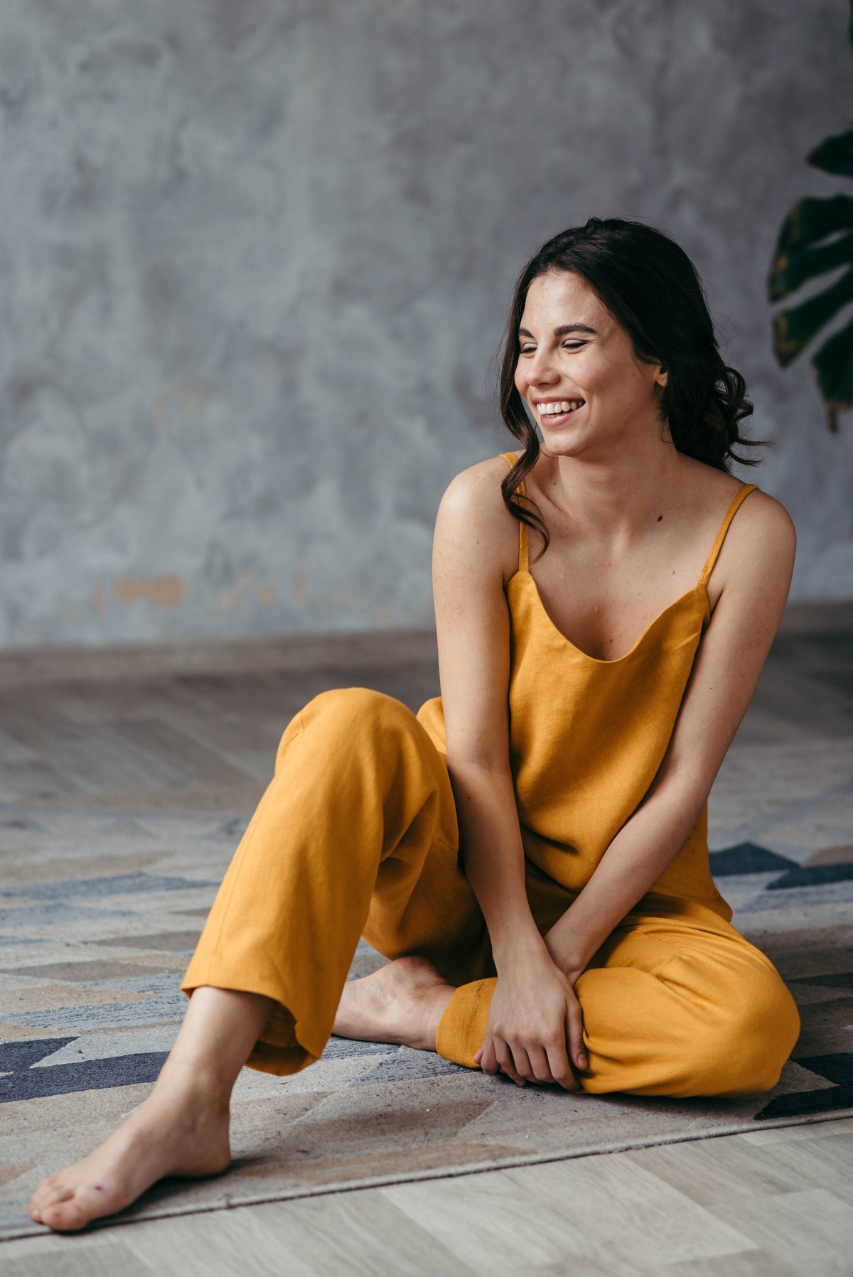 Ochre linen pyjama set, cami top and trousers with pockets