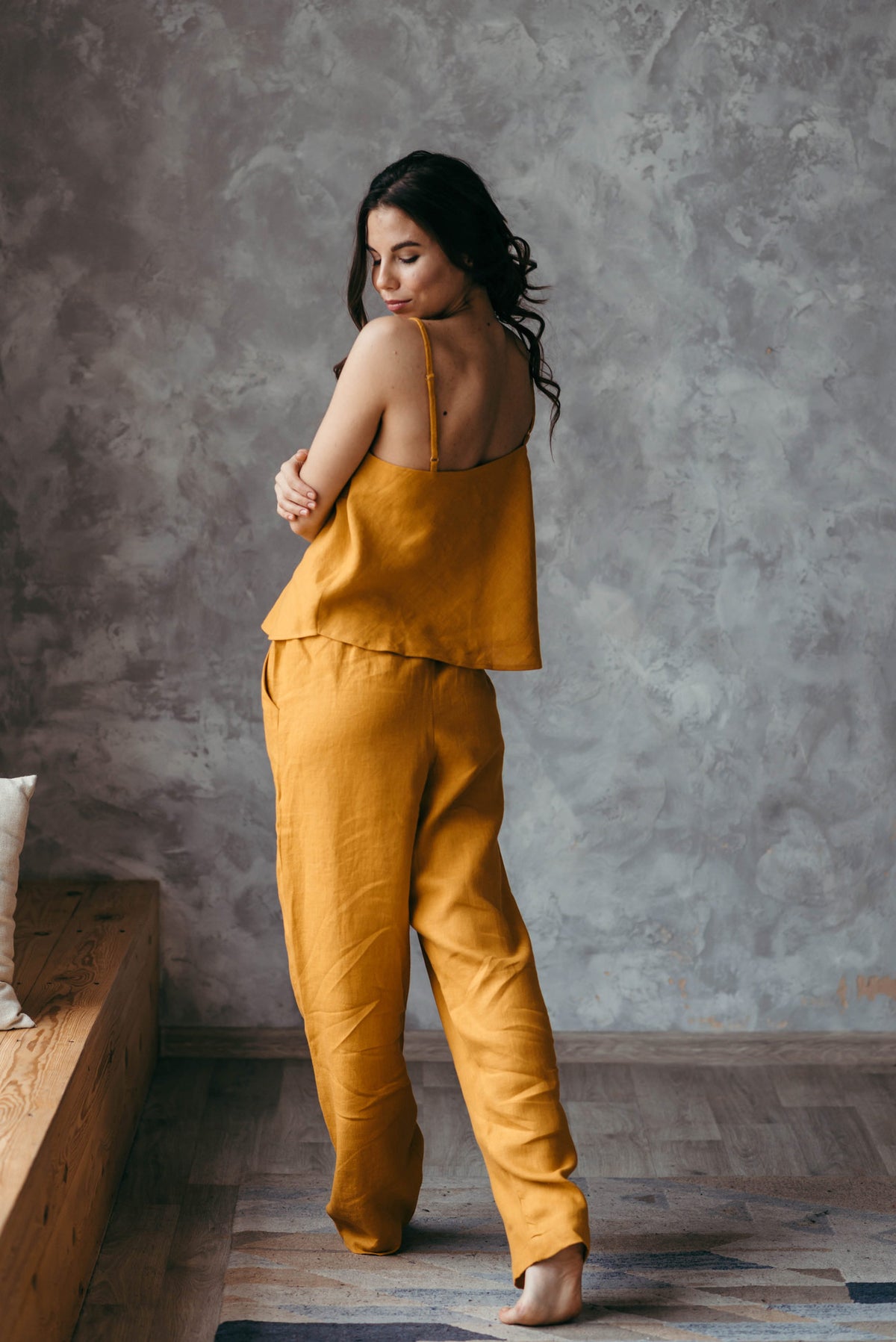 Ochre linen pyjama set, cami and trousers with pockets