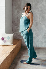Teal linen pyjama set, cami and loose trousers