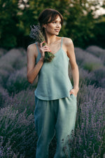 Turquoise linen pyjama set, cami and trousers